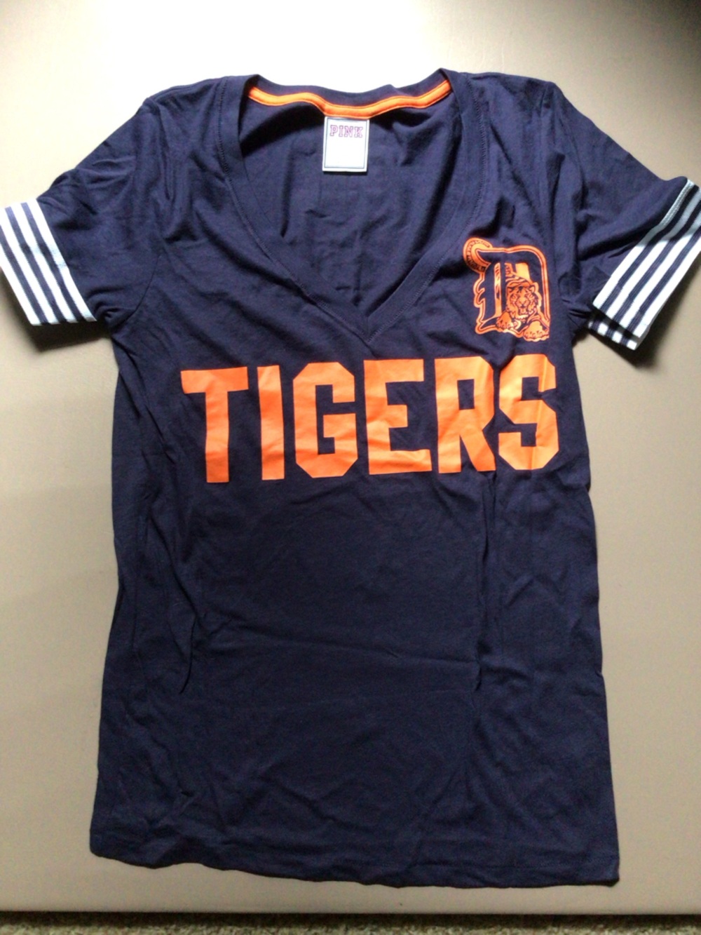 PINK Victoria's Secret Navy V-Neck Tigers Graphic Tee with Orange Letters